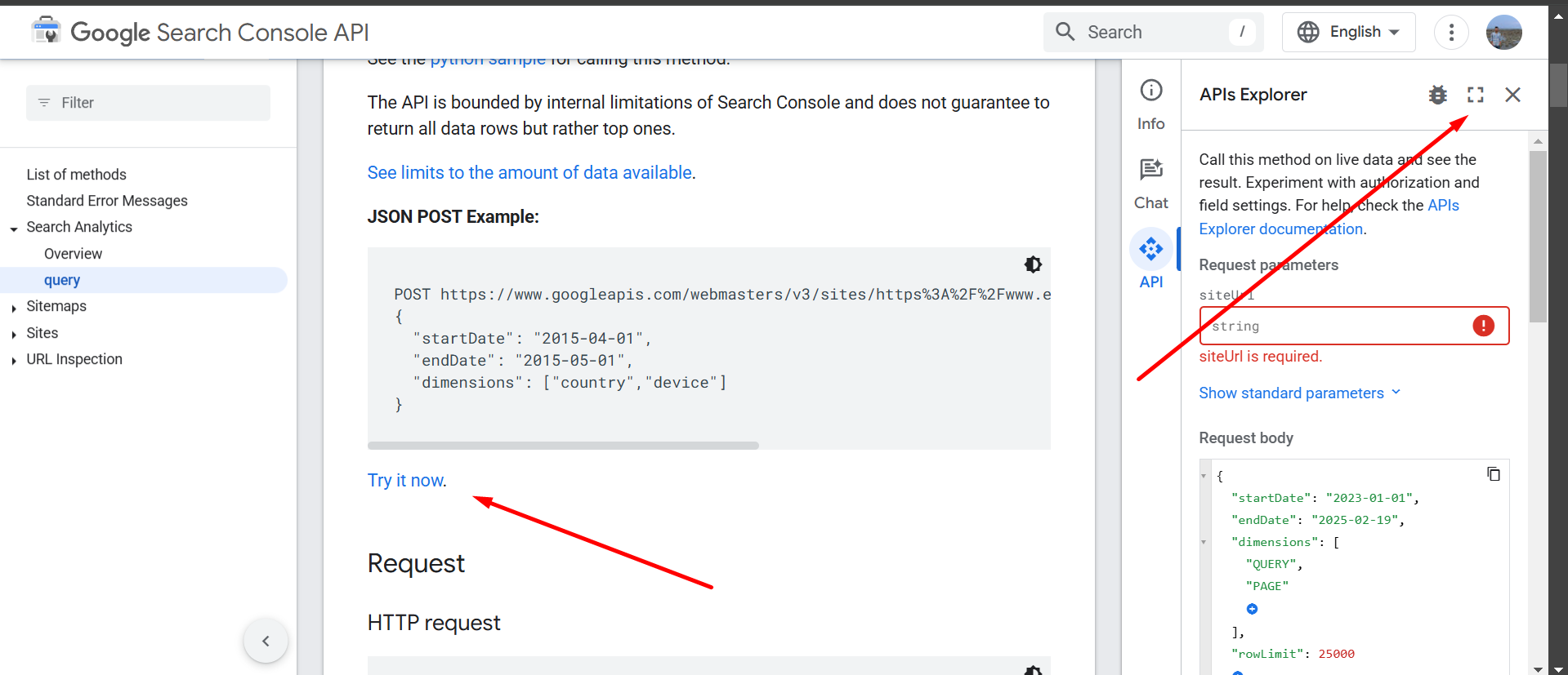 Opening the Google Search Analytics API Explorer in full screen
