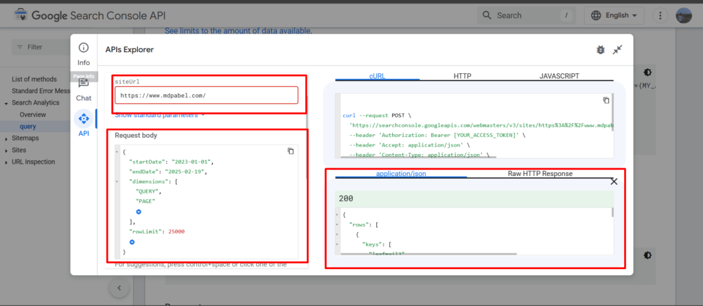 Google Search Analytics API request for hacked pages and spam queries