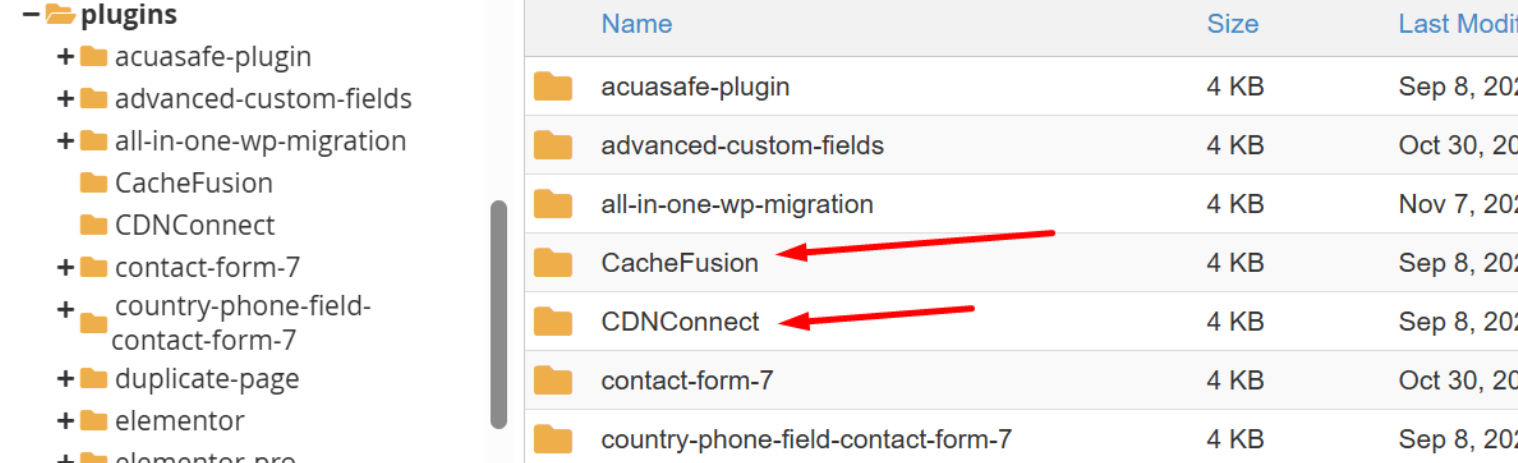 WordPress plugins folder showing fake malicious plugins named CacheFusion and CDNConnect alongside legitimate plugins