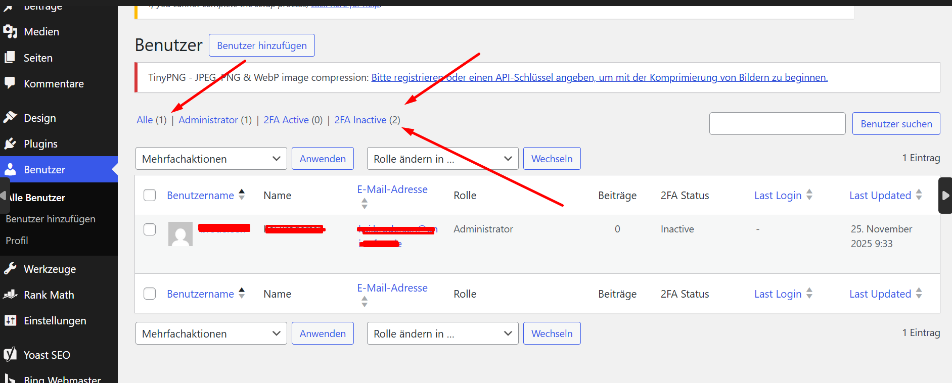 WordPress user dashboard showing All Users count of 1 but 2FA Inactive count of 2 indicating a hidden admin user