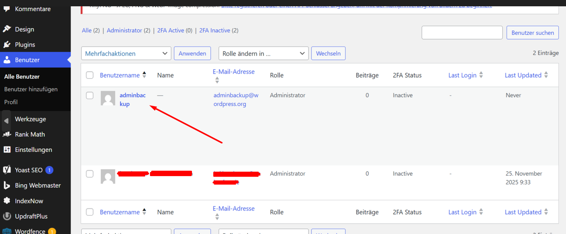 WordPress user list showing previously hidden adminbackup user revealed after removing malicious code from functions.php