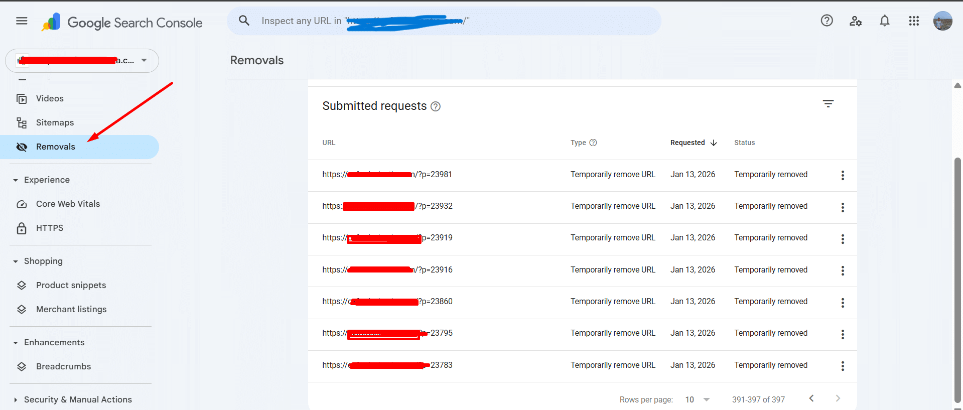 Google Search Console temporary removals for WordPress p query spam URLs