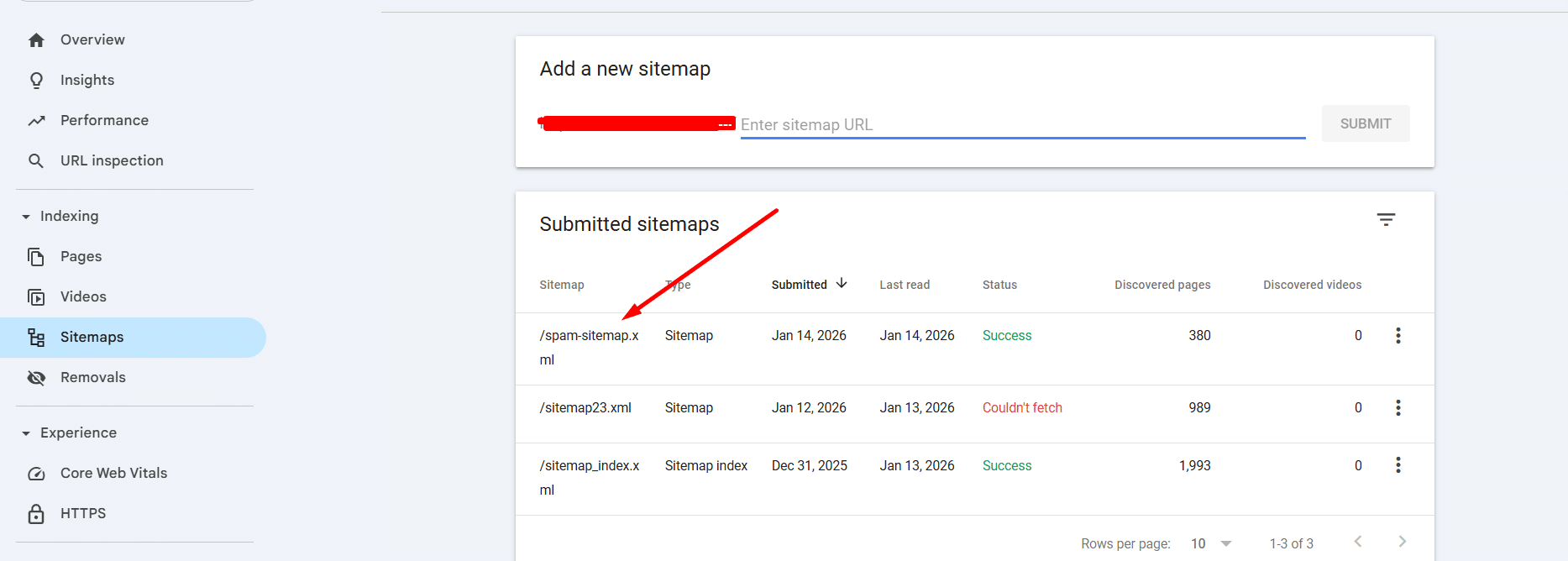 Separate spam URL sitemap submitted in Google Search Console after 410 rules