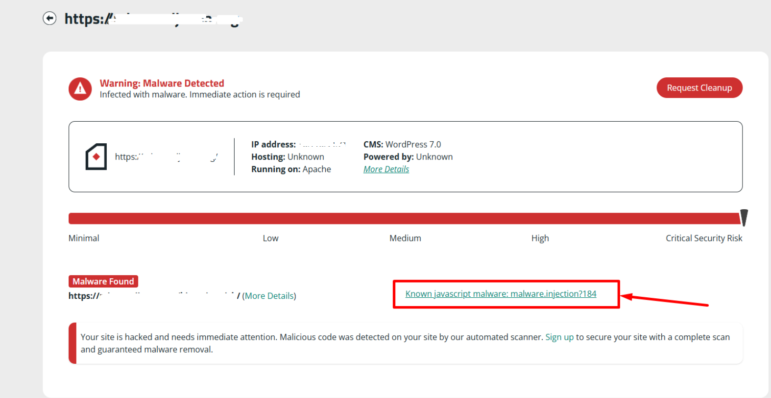 “Known javascript malware: malware.injection?184” — Sucuri SiteCheck Finding Explained