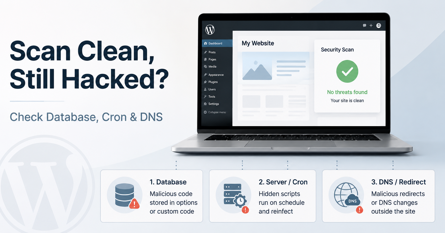 WordPress security scan shows no threats while hidden malware remains in the database, server cron jobs, or DNS settings