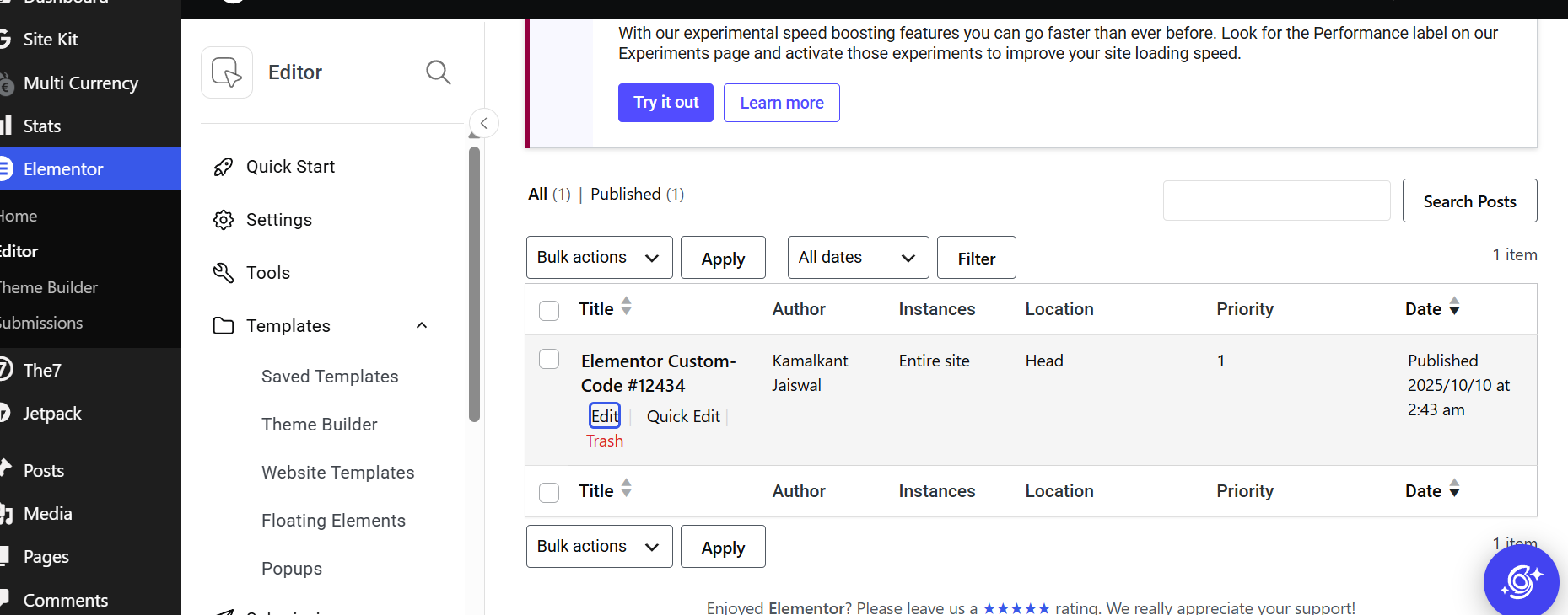 Unknown Elementor Custom Code snippet applied to the entire WordPress website